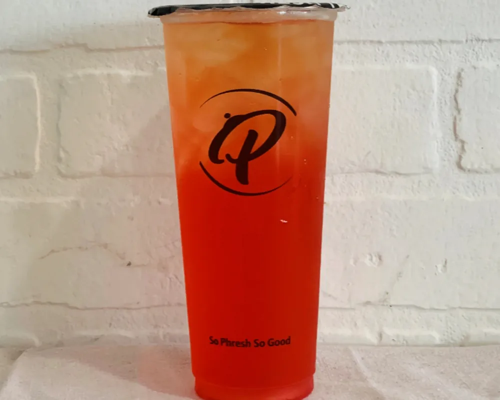 Refreshing red fruit tea with ice at Uniboil Phresh Teas Co, a Hot Pot Restaurant in Goleta.
