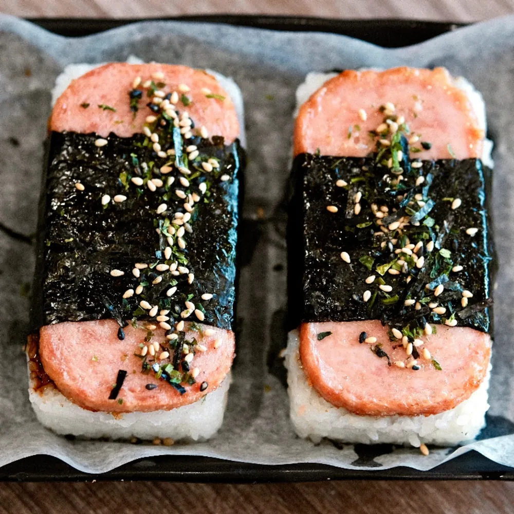 Classic spam musubi with seaweed and sesame seeds at Uniboil Phresh Teas Co, a Hot Pot Restaurant in Goleta.