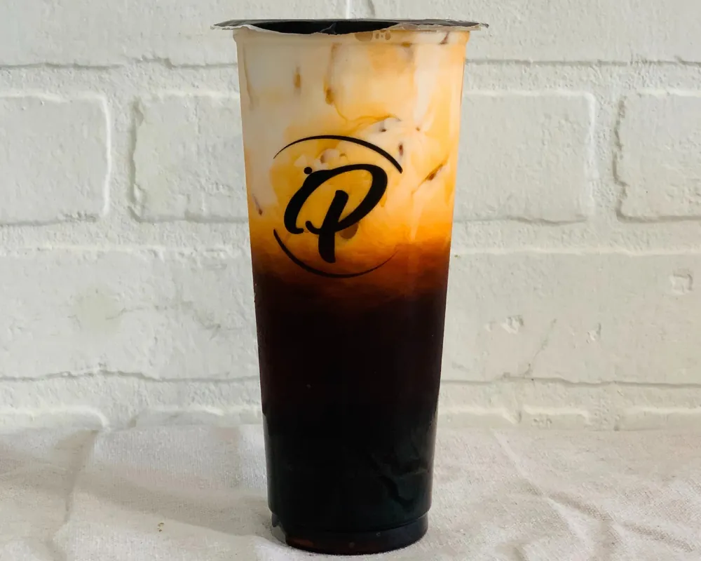 Layered tiger sugar black tea with milk at Uniboil Phresh Teas Co, a Hot Pot Restaurant in Goleta.